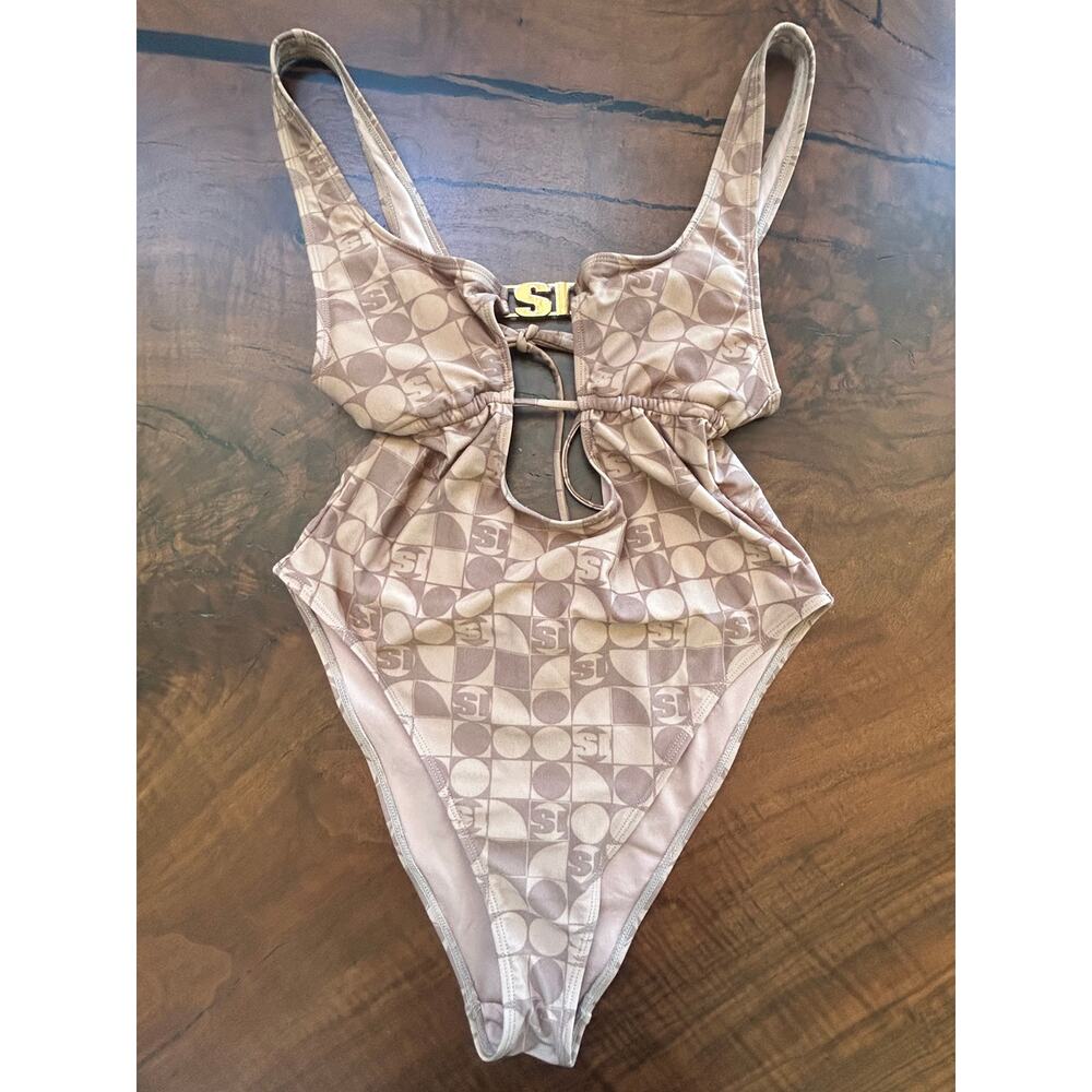 Sports Illustrated Forever 21 Geo Print Cutout One Piece Swimsuit Tan L - Picture 2 of 6